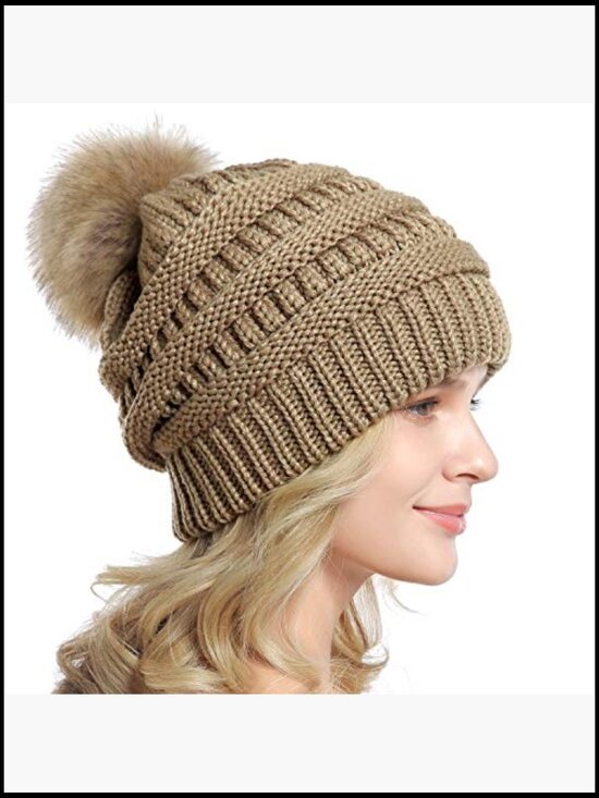 Slouchy Beanie with Faux Fur Pompom Winter Ski Cap